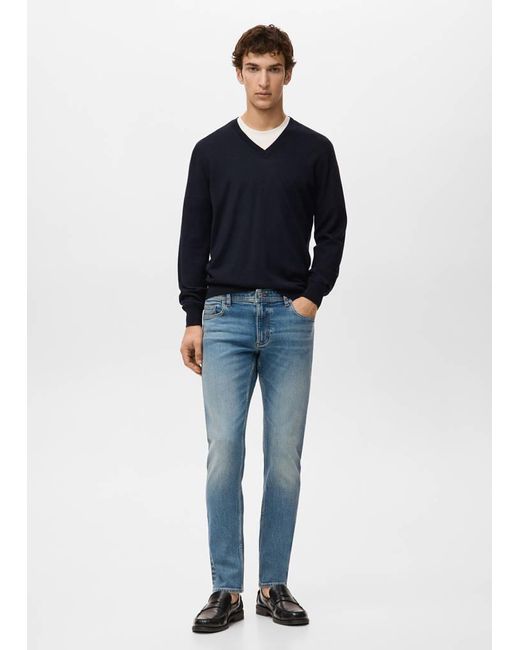 Mango Blue 100% Merino Wool V-Neck Sweater for men