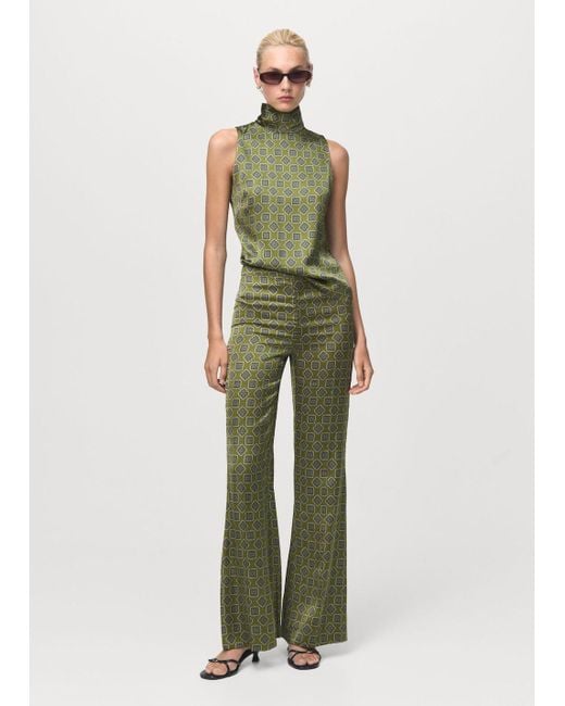 Mango Green Geometric-Print Satin Trousers