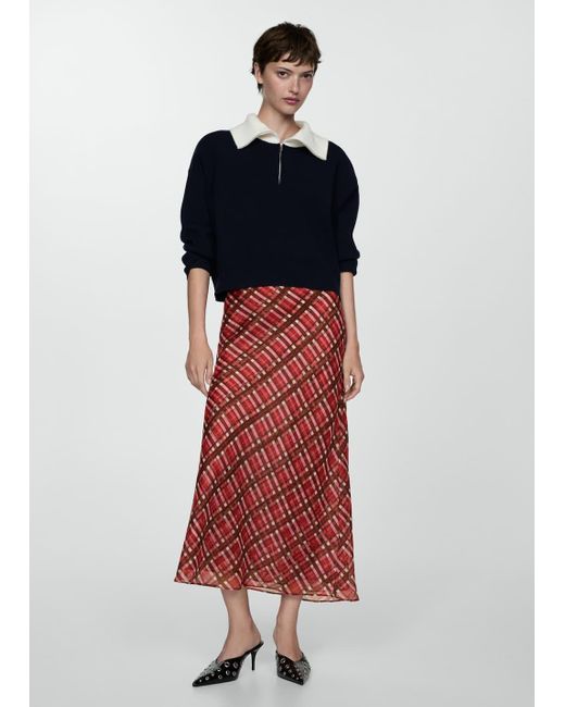 Mango Red Checked Polyester Maxi Skirt