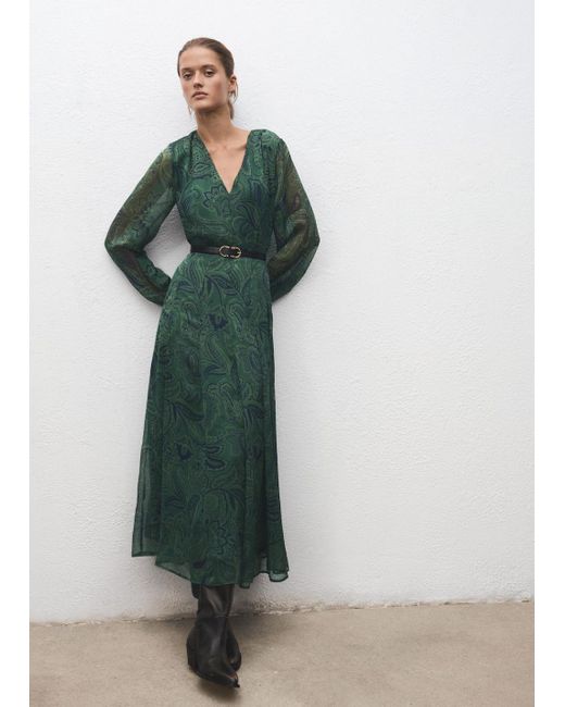 Mango Belt Printed Dress in Green | Lyst