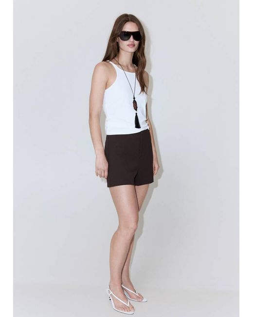 Mango White High-Waisted Stitched Shorts