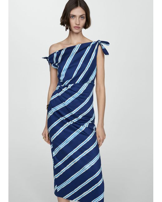 Mango Blue Striped Dress Bare Shoulders Ink