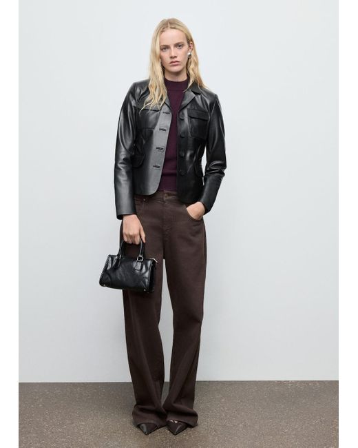 Mango Black Leather Jacket With Flap Pockets