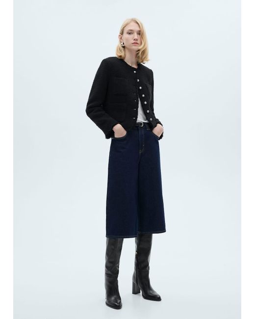 Mango Blue Tweed Jacket With Jewel Buttons