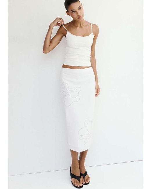 Mango White Linen Skirt With Floral Embroidery