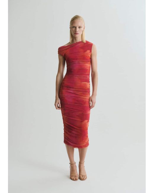 Mango Red Floral Midi-Dress With Asymmetrical Neckline