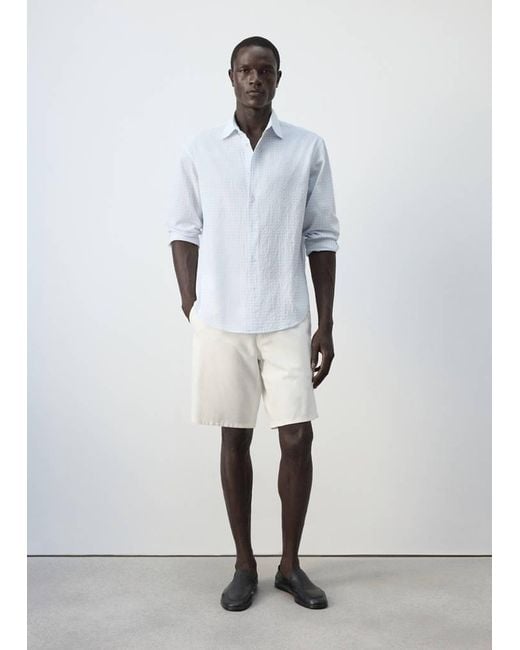 Mango White Seersucker Cotton Slim Fit Checked Shirt for men