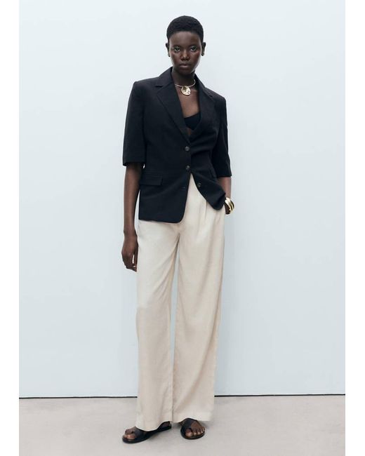 Mango White Linen Trousers With Tortoiseshell Button