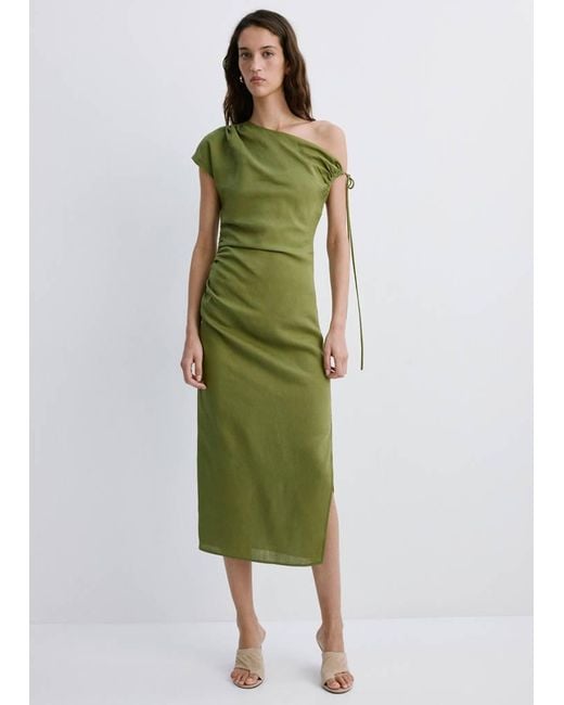 Mango Green Asymmetric Side Ruched Dress