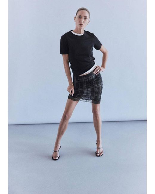 Mango Black Linen Blend Checked Skirt
