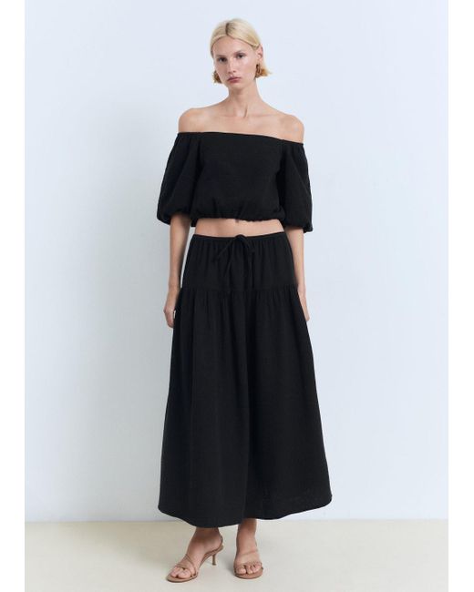 Mango Black Baumwollbluse Mit Ballonärmeln