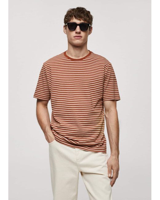 Mango White Striped Cotton Linen-blend T-shirt Burnt for men
