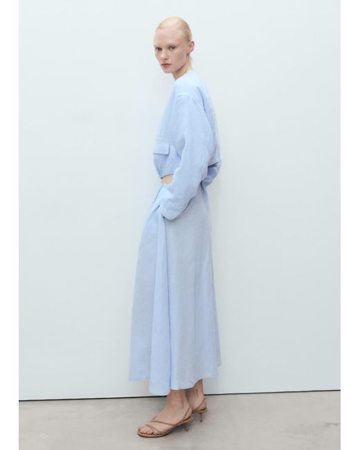 Mango Blue Linent Skirt With Pleat Detail