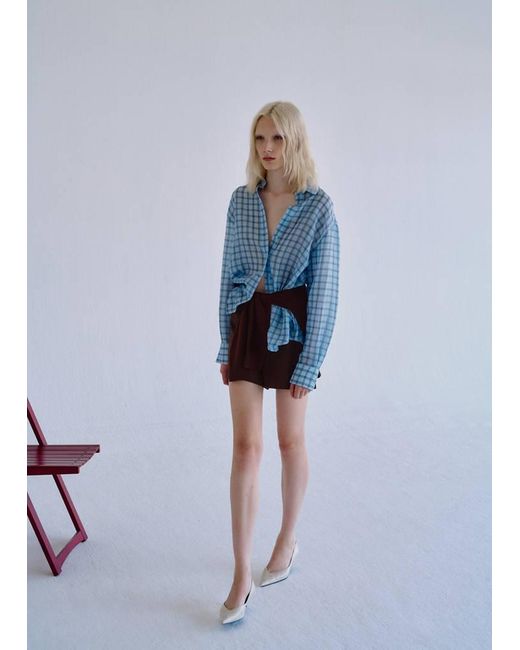 Mango Blue Textured Checked Lyocell Shirt