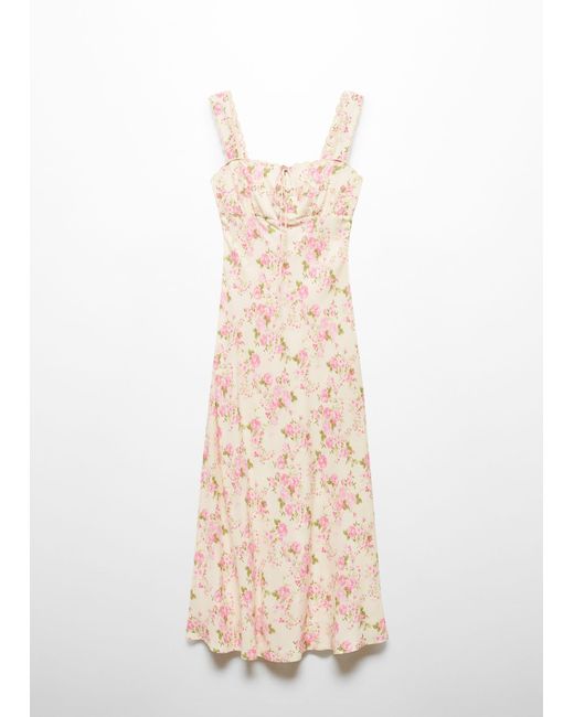 Mango White Floral Dress With Bow Neckline Off