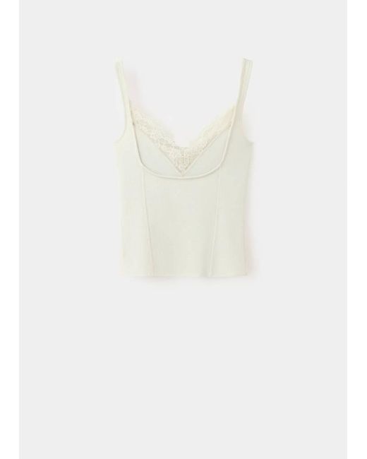 Mango White Ribbed Lace Top
