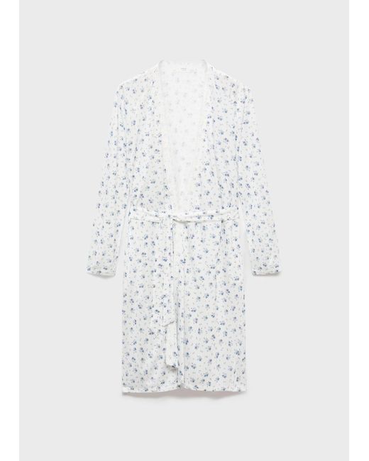 Mango White Floral-Print Dressing Gown With Lace Trim