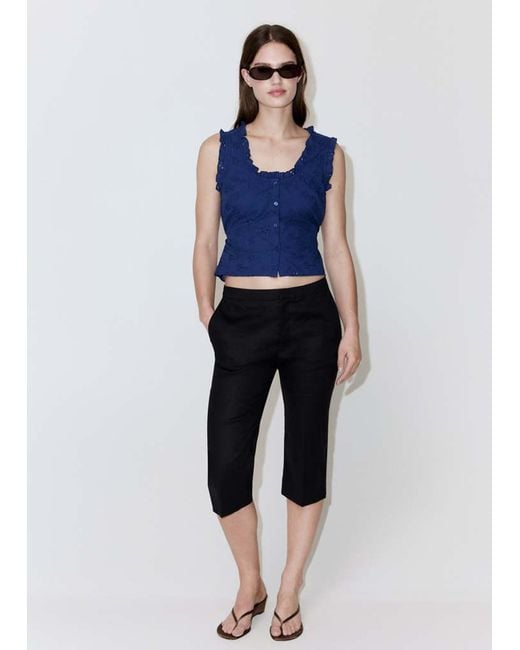 Mango Blue Cotton Blouse With Broderie Anglaise Embroidery