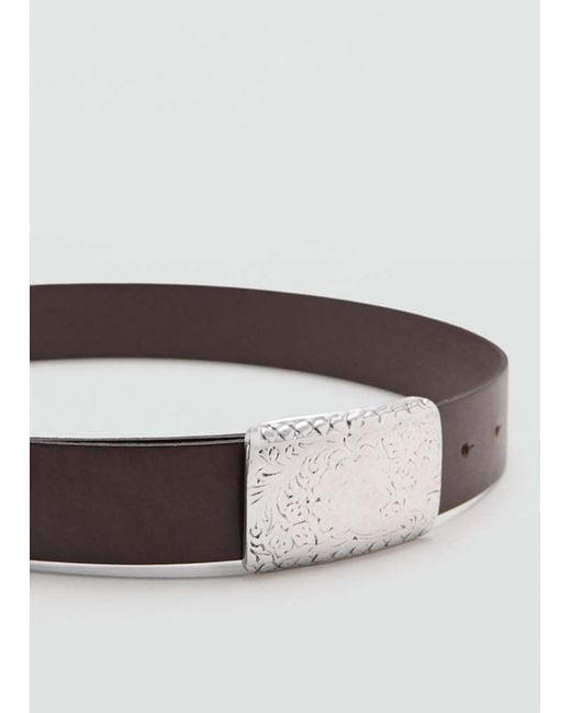 Mango Brown Engraved Buckle Leather Belt