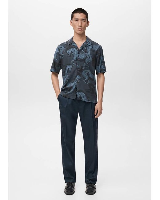 Mango Blue Printed Flowing Shirt With Bowling Collar for men