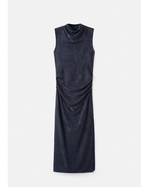 Mango Blue Embroidered Dress With Draped Collar