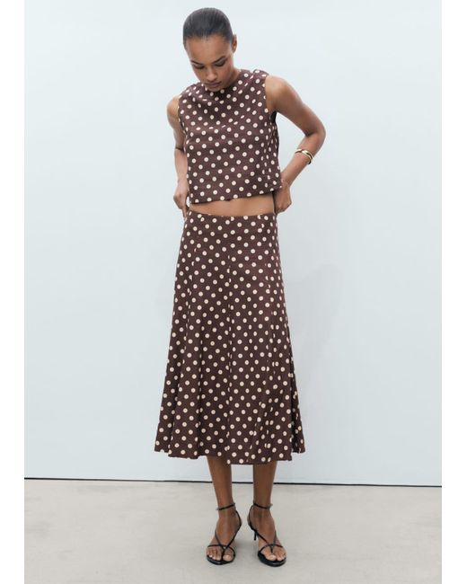 Mango White Flared Linen Skirt With Polka Dots