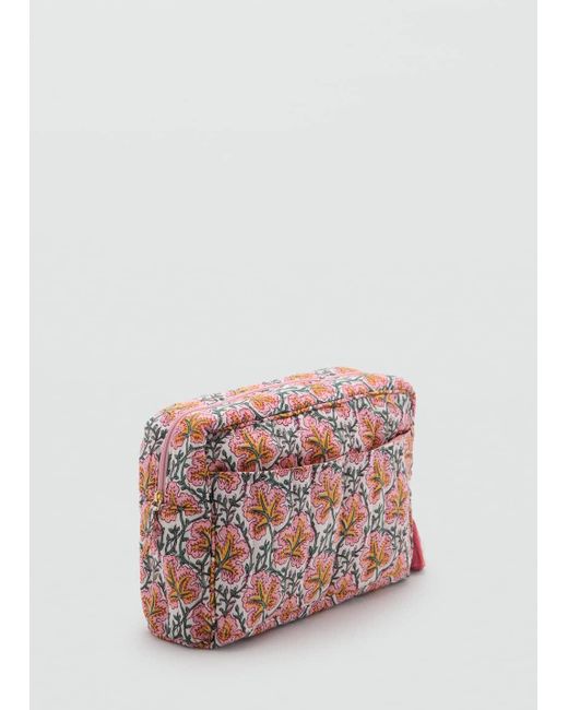 Mango White Flower-Printed Cotton Toiletry Bag