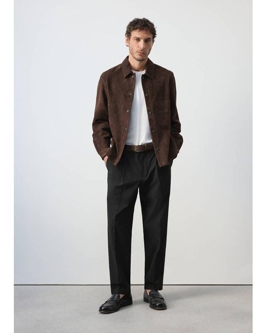 Mango Brown Leather Jacket With Pocket Detail for men