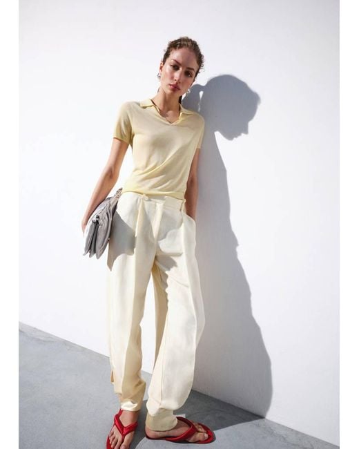 Mango White Fine-Knit Lyocell Polo Shirt