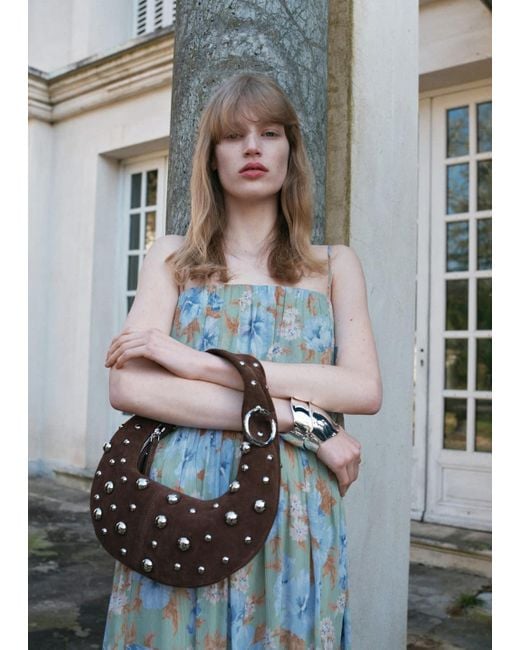 Mango Gray Leather Handbag With Metallic-Balls Appliqué