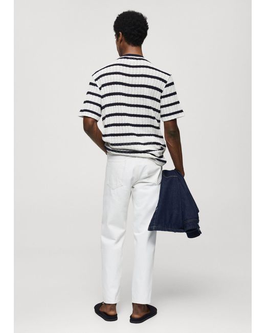 Mango White Regular Fit Openwork Striped T-shirt for men