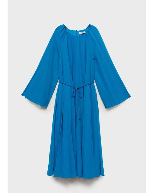 Mango Blue Flared-Sleeve Pleated Dress