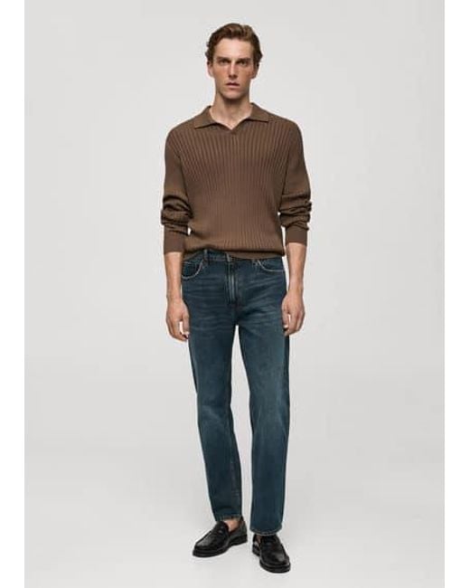 Mango Blue Fine Rib-Knit Polo Sweater Mink for men