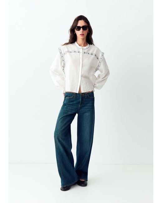 MANGO TEEN Blue Blouse With Tie-Neck And Embroidered Details