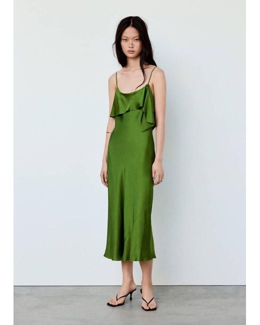 Mango Green Satin Dress With Asymmetric Ruffle
