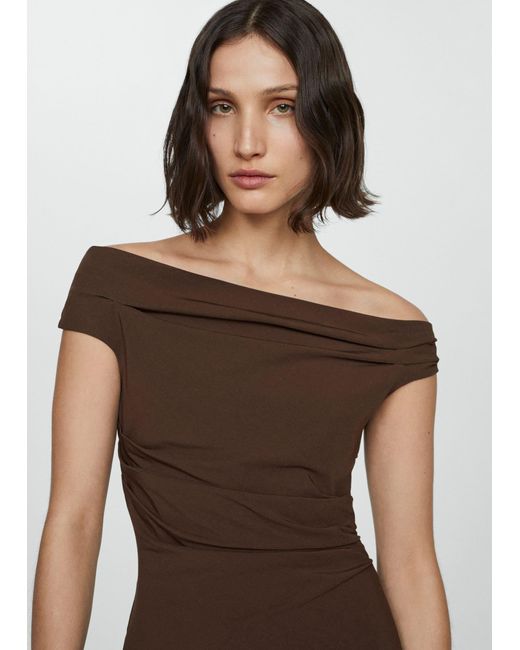 Mango Brown Off-the-shoulder Draped Dress