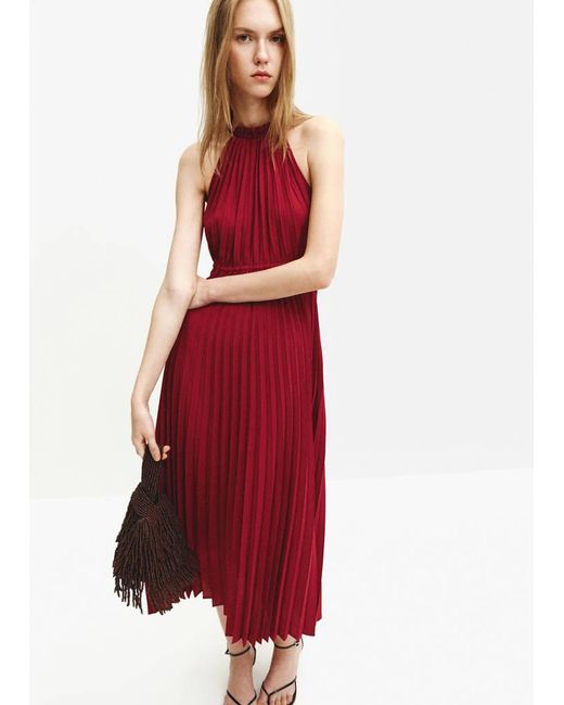 Mango Red Pleated Halter Neck Dress