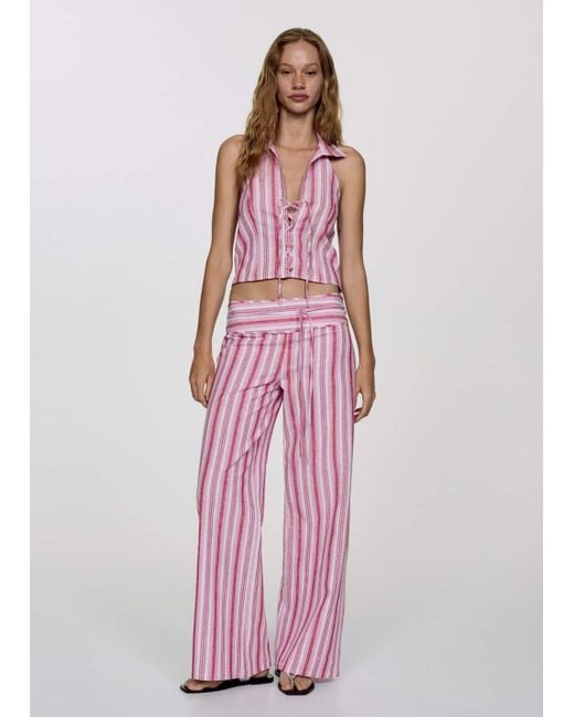 Mango Pink Striped Halter-Neck Cotton-Linen Top
