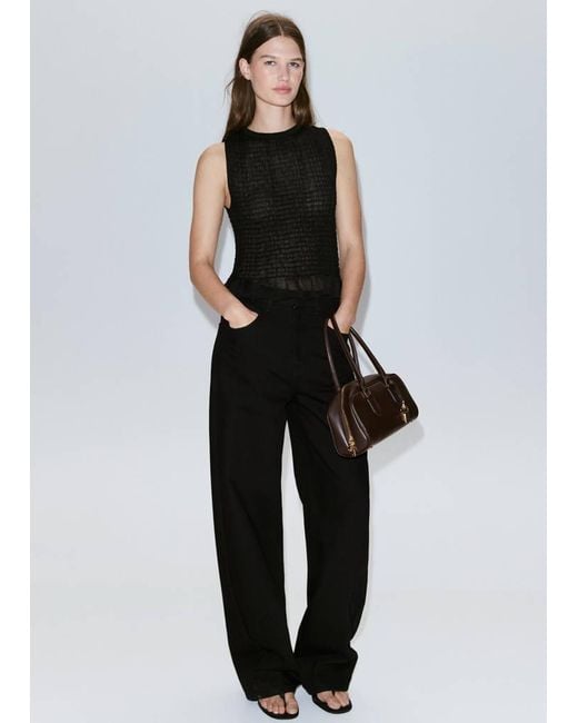 Mango Black Semi-Transparent Ruched Top