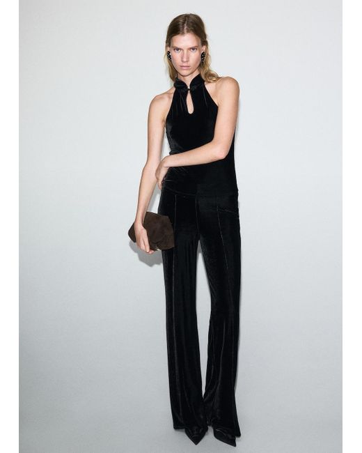 Mango Black Velvet Halter-Neck Top With Toggle