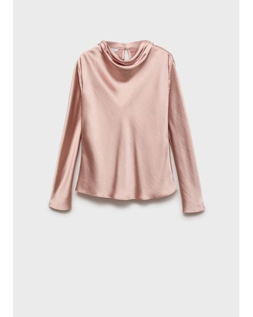 Mango White Satin Blouse With Draped Neck