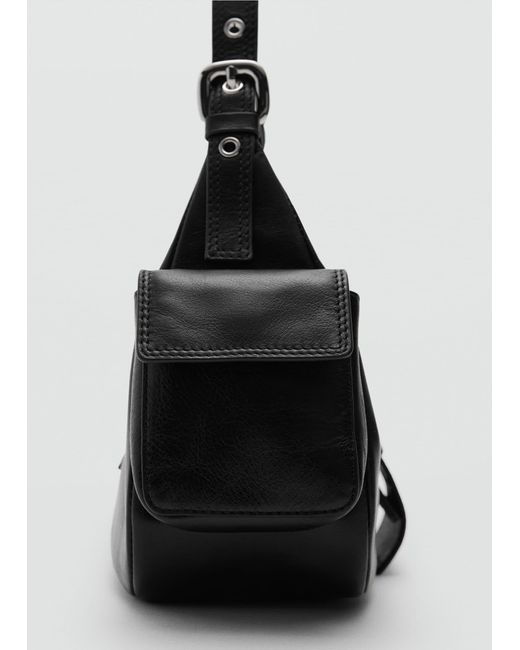 Mango Black Leather Shoulder Bag With Cargo Pockets