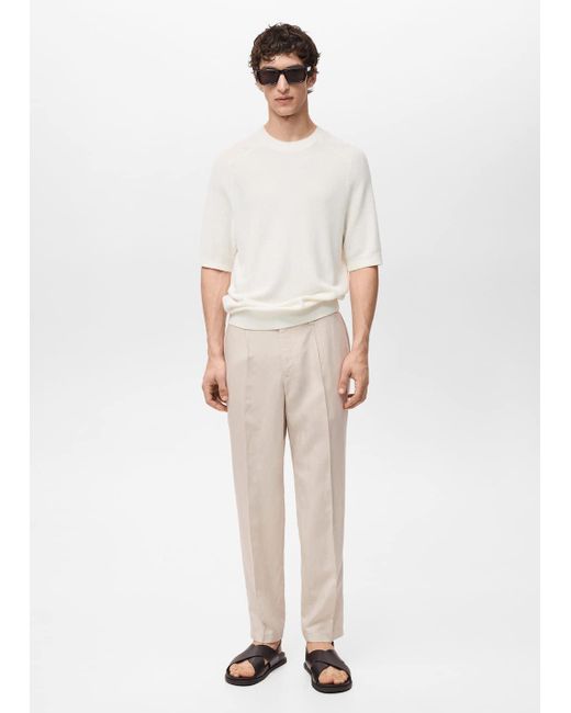 Mango White Slim Fit Linen Trousers for men