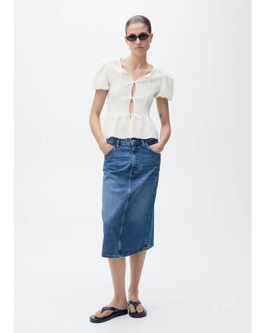 Mango Blue Textured Blouse With Bow Closure