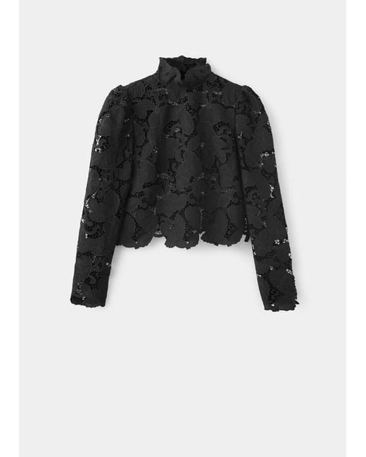 Mango Black Guipure Lace Blouse With A Mao Collar