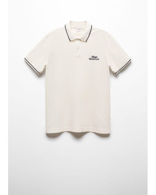 Mango White 100% Embroidered Cotton Polo Shirt for men