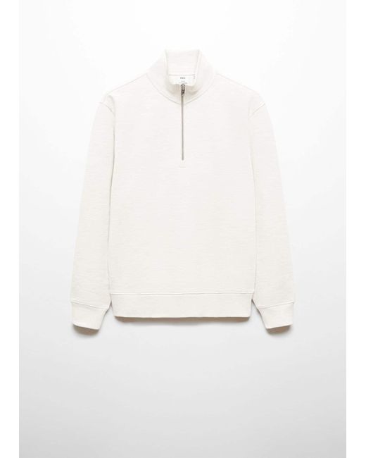 Mango White Zipper Cotton Sweater for men