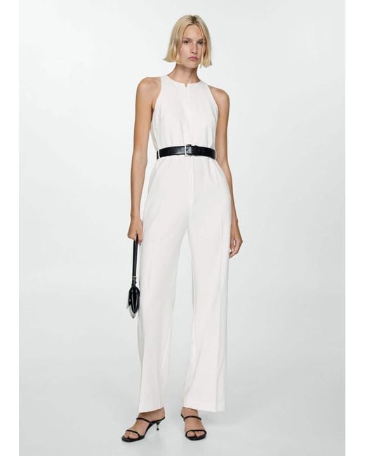 Mango White Jumpsuit With Belt And Zip Off