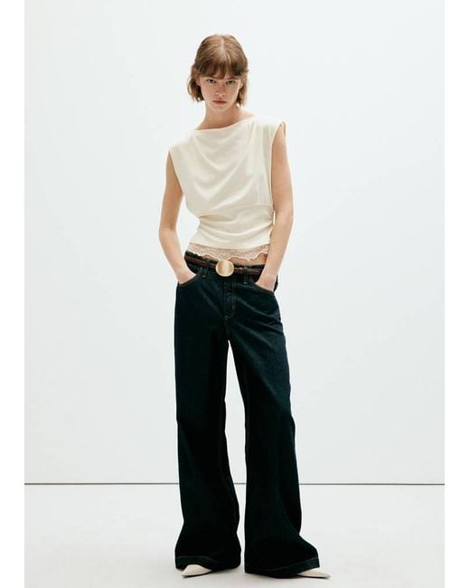 Mango White Ruched Lace Top