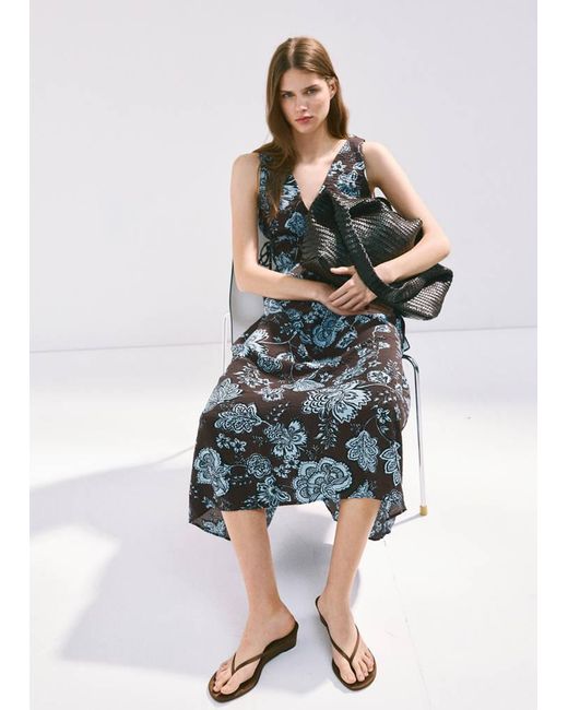Mango Blue Floral Dress With Ruched Details